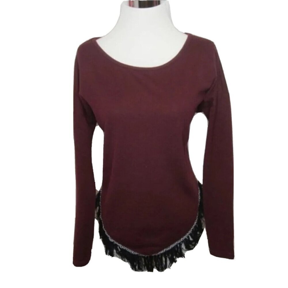 Double Zero Womens Pullover Sweater Size M  Maroon Wine V Shaped Fringe Hemline